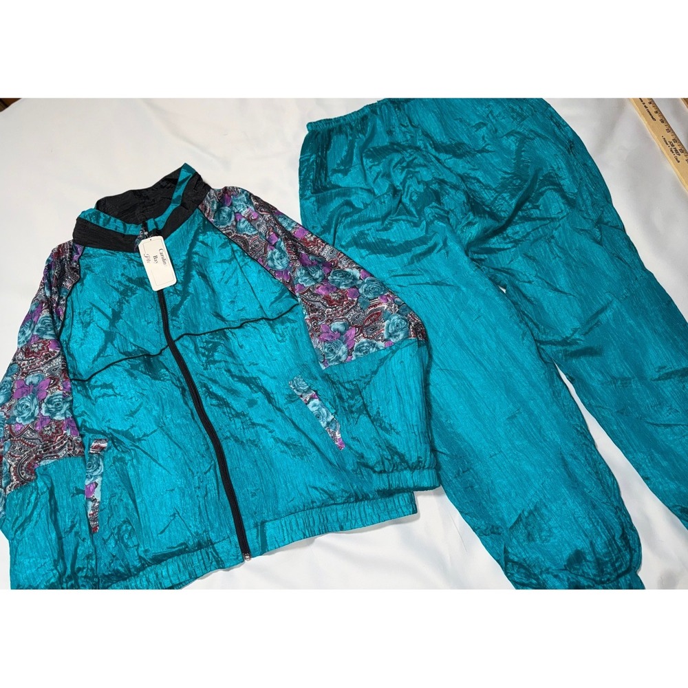 Vintage Women's Track/WindSuit Teal Black Floral 80s Carolina Bay Size 18 NWT